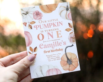 Pink Pumpkin first birthday invitation Our little Pumpkin is turning one, Girl Fall first birthday party instant download template editable