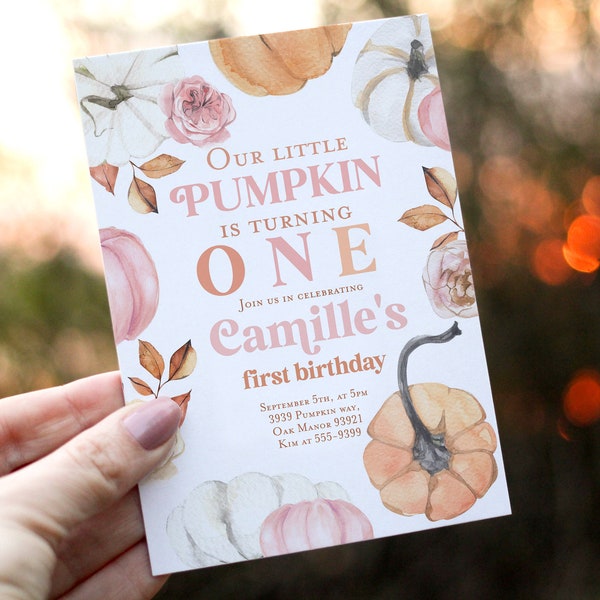 Pink Pumpkin first birthday invitation Our little Pumpkin is turning one, Girl Fall first birthday party instant download template editable