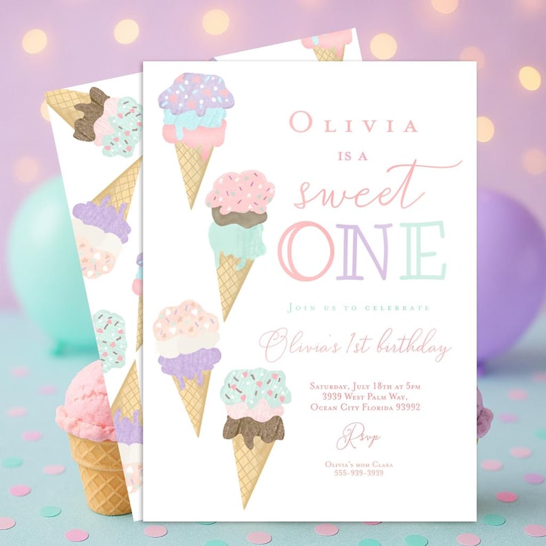 May include: A pink, purple, and green ice cream cone birthday invitation for a girl's first birthday party. The invitation features the text "Olivia is a sweet one" and includes details about the party, including the date, time, location, and RSVP information.