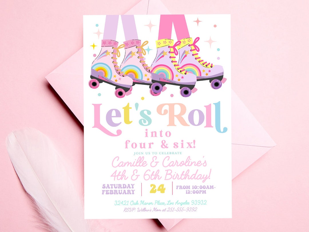 Roller Skate Birthday Party Invitation, Dual Siblings Friends Roller ...