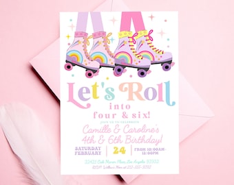 Roller skate birthday party invitation, Dual Siblings Friends Roller skate birthday invite, Rollerblade Skate rink birthday girl twins retro