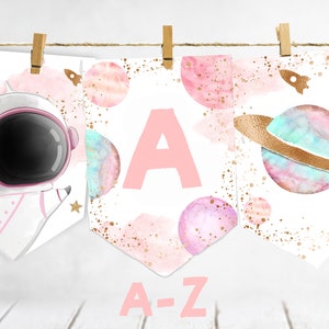 Pink Space banner, First trip around the sun astronaut first birthday banner, ABC, Pink Space baby shower banner planets galaxy pastel