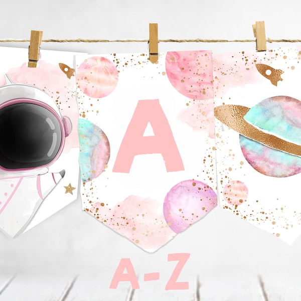 Pink Space banner, First trip around the sun astronaut first birthday banner, ABC, Pink Space baby shower banner planets galaxy pastel