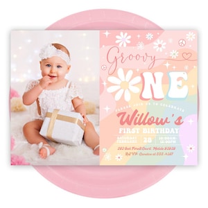 Groovy one first birthday invitation Retro Editable Invite Groovy 1st Birthday Invite Pink Daisy Rainbow Hippie Birthday Instant Download