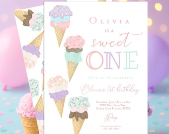 SWEET ONE ICE cream invitation, Ice cream 1st Birthday invitation Here's the scoop Invitation  She's a sweet one, Ice cream party