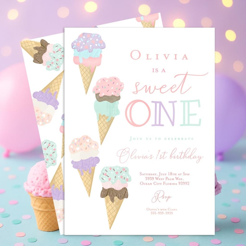 May include: A pink and purple ice cream cone birthday party invitation with the text "Olivia is a sweet one" and details for a party on July 18th at 5pm.