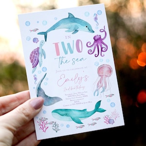 In TWO the sea invitation, Girl Under the sea birthday invitation pink, Dolphin jellyfish whale fish birthday, Girl summer pool party