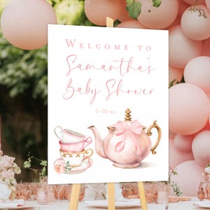 Letrero de bienvenida para baby shower con forma de té, letrero de lazo rosa para baby shower de niña, letrero de bienvenida con forma de tetera para té y brunch, imprimible, descarga instantánea