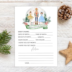 Nutcracker baby shower advice and predictions cards, Nutcracker advice cards for baby shower pink, sugar plum fairy winter Christmas trees