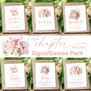 May include: A collection of framed signs with a floral and book theme. The signs include text such as "Words of Wisdom", "Editable Sign", "Guestbook", "Diaper Raffle", "Don't Say Baby", and "Sign the Storybook". The signs are decorated with watercolor illustrations and pink ribbons.