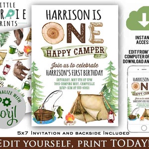 ONE HAPPY CAMPER Invitation Camping birthday invitation Camper birthday invitation Fishing first birthday invitation Instant download bear