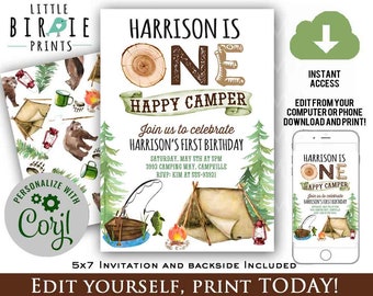 ONE HAPPY CAMPER Invitation Camping birthday invitation Camper birthday invitation Fishing first birthday invitation Instant download bear