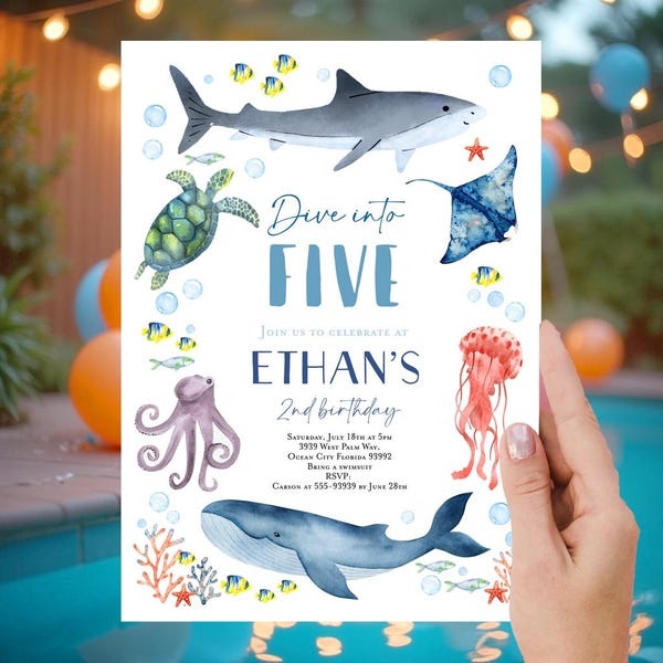Dive into Five invitation, Under the sea Shark invitation, Whale 1st birthday Turtle Octopus Stingray, Sea animals pool party editable