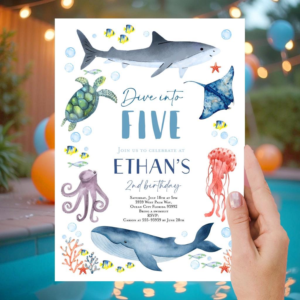 Dive into Five invitation, Under the sea Shark invitation, Whale 1st birthday Turtle Octopus Stingray, Sea animals pool party editable