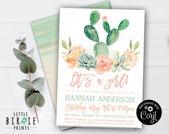 SUCCULENT BABY SHOWER Invitation Girl Pink Watercolor flowers baby shower invitation Cactus Fiesta Baby shower pink peach girl baby shower