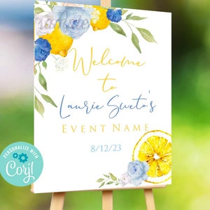 Editable Lemon welcome sign blue Lemon baby shower blue sign Main squeeze bridal shower welcome sign blue Backdrop Drive by lemon shower