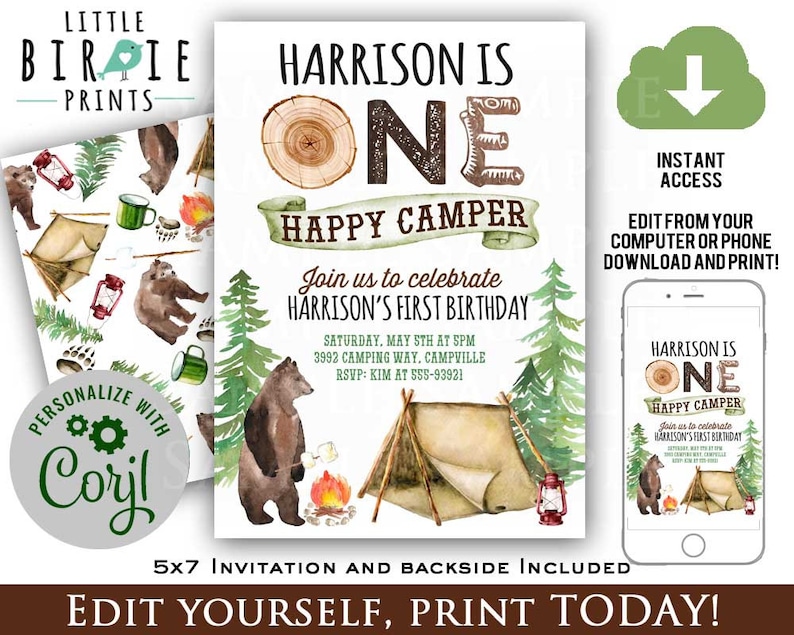ONE HAPPY CAMPER Invitation Camping Birthday Invitation Camper - Etsy
