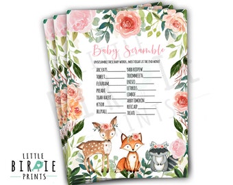 Woodland baby shower game girl, baby scramble, baby word scramble, Girl baby shower game deer fox raccoon instant download