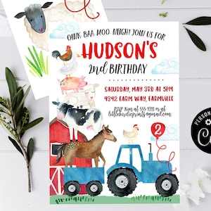 FARM TRACTOR Birthday party invitation, Farm birthday party, Farm animals birthday invitation cow horse sheep duck pig barn Blue Tractor