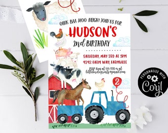 May include: A watercolor-style invitation for a farm-themed second birthday party. The invitation features a blue tractor with a red barn, a horse, a cow, a pig, a sheep, a rooster, and a chicken. The text on the invitation reads "Oink, baa, moo, neigh! Join us for Hudson's 2nd Birthday. Saturday, May 3rd at 5pm, 9392 Farm Way, Farmville. RSVP Kim at 555-9392 or at littlebirduprints@gmail.com."