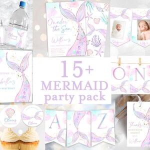 Mermaid birthday party pack, Mermaid printables pack Oneder the Sea Under the Sea Dive into Five Splish Splash, Favor tags Banners cupcake