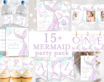 Mermaid birthday party pack, Mermaid printables pack Oneder the Sea Under the Sea Dive into Five Splish Splash, Favor tags Banners cupcake