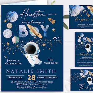 Astronaut Space Baby-Dusche-Einladung, Weltraum-Baby-Dusche-Einladung Planeten Ballons, Der Countdown hat begonnen, Junge Weltraum-Baby-Dusche