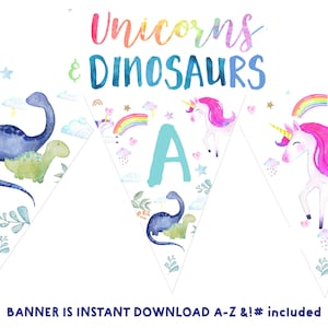 UNICORN Dinosaur Birthday Bunting Banner Dinosaur and UNICORN party decorations Unicorn and Dino invitation Dual Siblings Boy Girl party