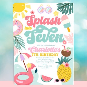 Pool party 7th birthday invitation, Splish splash seventh birthday invitation Summer 7th birthday splash into seven summer