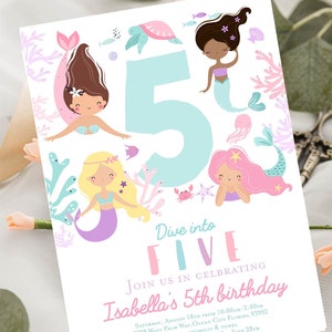 Editable Mermaid birthday invitation Dive into five 5th birthday party invitation Mermaid party pastel under the sea Pool party summer party