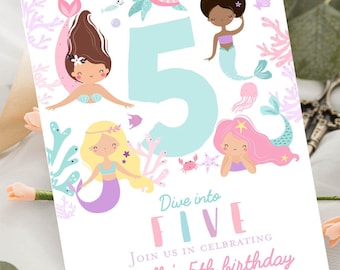 Editable Mermaid birthday invitation Dive into five 5th birthday party invitation Mermaid party pastel under the sea Pool party summer party