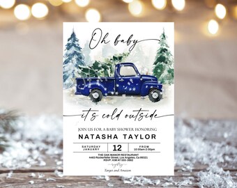 WINTER BABY SHOWER Invitation Boy, Winter Blue truck baby shower invitation Truck Christmas tree baby shower Pine trees snowflakes Boy Blue