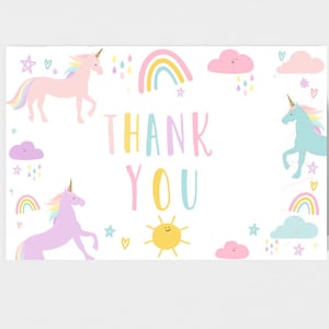 UNICORN thank you card, Unicorn birthday party thank you fold over, Rainbows and Unicorns party printables editable, Modern unicorn girl