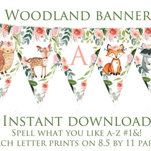 WOODLAND Baby Shower Decorations Bunting GIRL PINK Woodland Birthday party Banner Fox Deer Raccoon It's a girl Instant Download Boho flowers