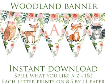 WOODLAND Baby Shower Decorations Bunting GIRL PINK Woodland Birthday party Banner Fox Deer Raccoon It's a girl Instant Download Boho flowers