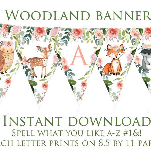 WOODLAND Decorações de chá de bebê Bunting MENINA ROSA Festa de aniversário da floresta Banner Fox Deer Raccoon É uma menina Download instantâneo Boho flores