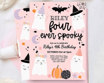 Four ever spooky Halloween Ghost 4th Birthday Party Invitation Editable Ghost fourth Birthday Pink Spooktacular Birthday Instant download