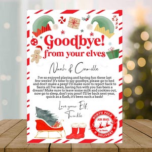 Carta de despedida de elfo editable de tus elfos, actividad de Nochebuena, elfo niño niña, caja de relleno de Nochebuena de despedida de elfo, calcetín de Papá Noel