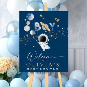 Bewerkbaar welkomstbord ruimte babyshower, astronaut ruimte douche decoraties Download afdrukbare sjabloon Blast off moon babyshower