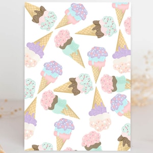 May include: A seamless pattern featuring pastel-colored ice cream cones with sprinkles and different colored scoops of ice cream. The background is white.