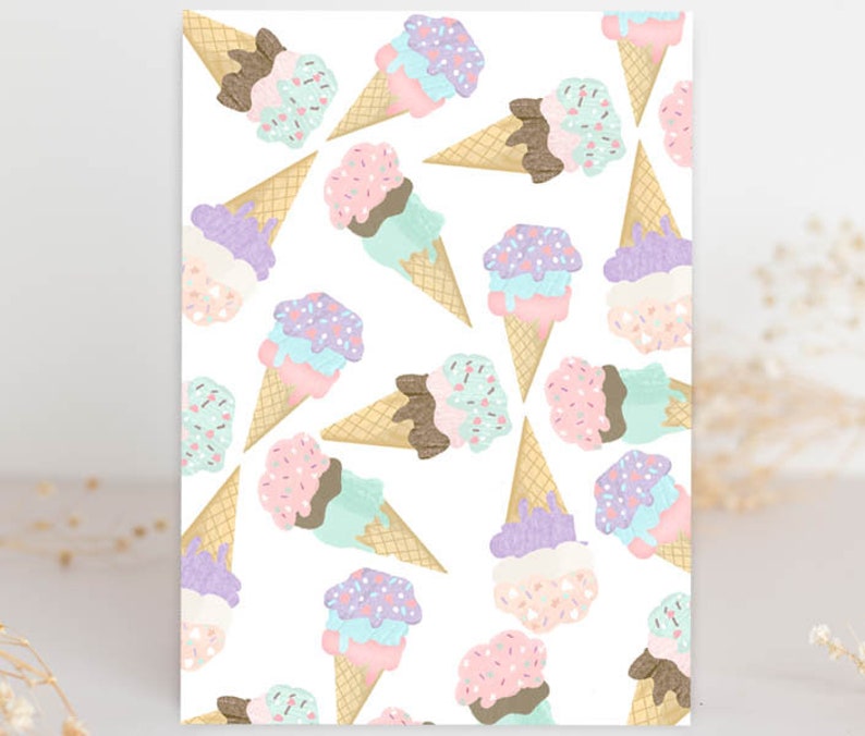 May include: A seamless pattern featuring pastel-colored ice cream cones with sprinkles and different colored scoops of ice cream. The background is white.