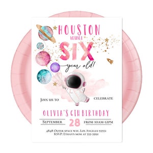 Girl Astronaut birthday invitation 6th birthday sixth birthday Pink Astronaut outer space balloons invitation, three planets invitation
