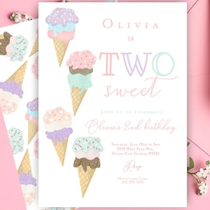 May include: A pink and white invitation with the text "Olivia is Two sweet" and a graphic of ice cream cones. The invitation includes details for a birthday party, including the date, time, and location.