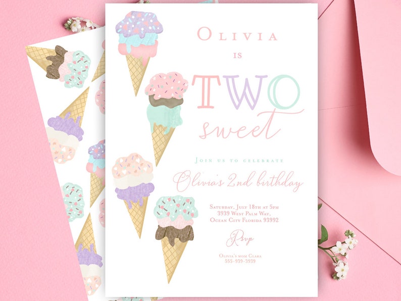May include: A pink and white invitation with the text "Olivia is Two sweet" and a graphic of ice cream cones. The invitation includes details for a birthday party, including the date, time, and location.