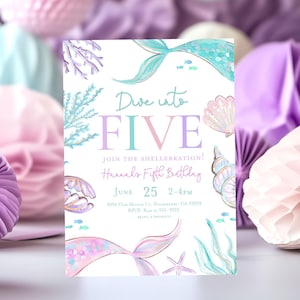 Plongez dans Five invitation Invitation de fête d'anniversaire de sirène, invitation pastel de queue de sirène 5e anniversaire sous les coquillages de fille de fête