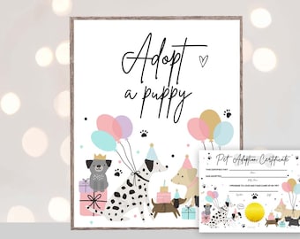 Puppy adoption certificate and adopt a puppy sign, dog party activity, GIRL Dog party favor printable Adopt a dog adopt a puppy, Girl dog