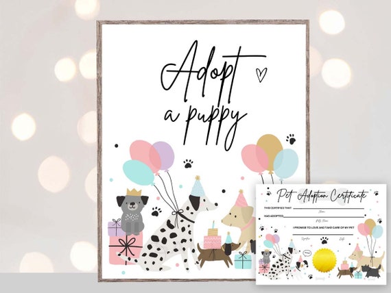 Puppy adoption certificate and adopt a puppy sign, dog party activity, GIRL Dog party favor printable Adopt a dog adopt a puppy, Girl dog