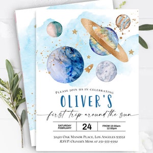 Editable Space First Birthday Invitation, First Trip Around the Sun Invite Download Printable Invitation Template Blast off outer space