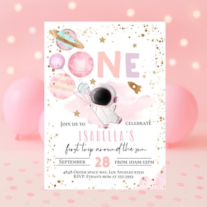 Editable Girl Space Birthday Invitation First Trip Around The Sun Houston we have a one year old Pink Astronaut Outer Space Planet rocket