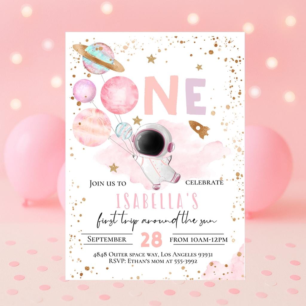 Editable Girl Space Birthday Invitation First Trip Around The Sun Houston we have a one year old Pink Astronaut Outer Space Planet rocket